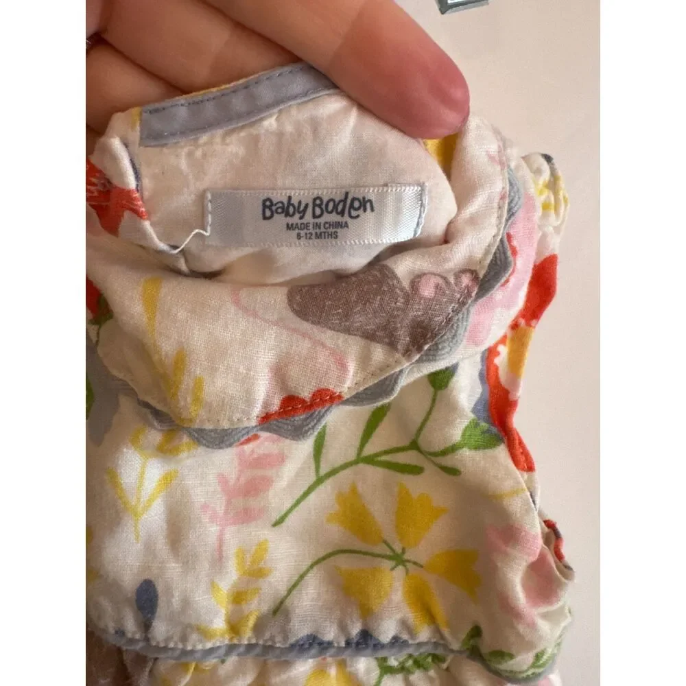 Baby Boden Linen/Cotton Blend Dress 6-12 Months Woodland Animal Spring Floral